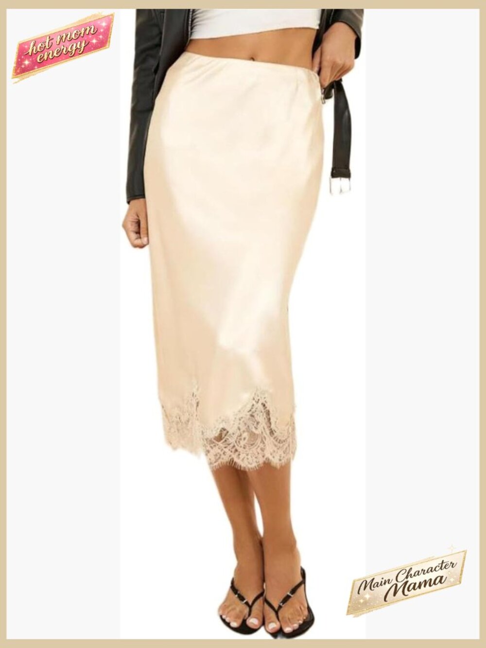 Lace Trim Satin Midi Skirt Elegant A Line Flowy Y2K Silky Half Slip Underskirt - Picture 1 of 2